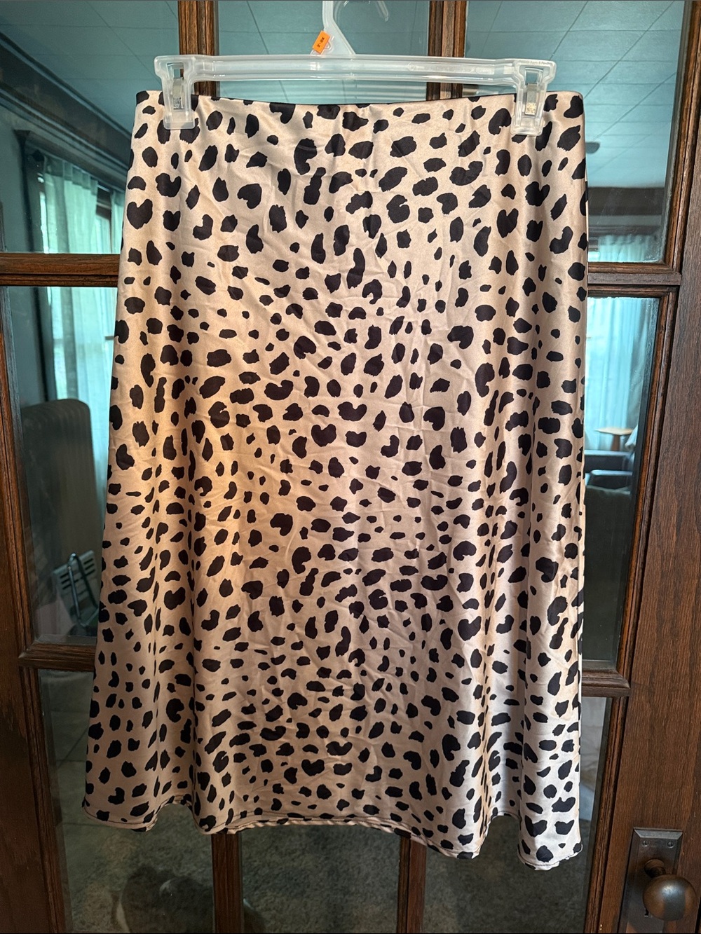 Satin Animal Print Midi Skirt Champagne Black Cheetah Leopard Elastic Waist